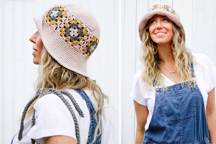 A woman wearing overalls and a crocheted hat.