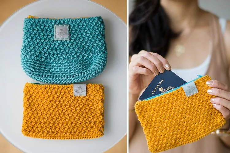 Two Star Stitch Pouches, one in blue and the other in vibrant yellow, rest on the left. On the right, a person showcases the yellow pouch, which snugly fits a Canadian passport.