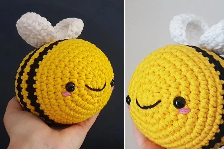 Two pictures of a crocheted bee.