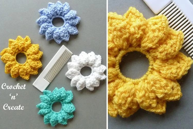 a set of crochet scrunchies shaped like flowers in different colors