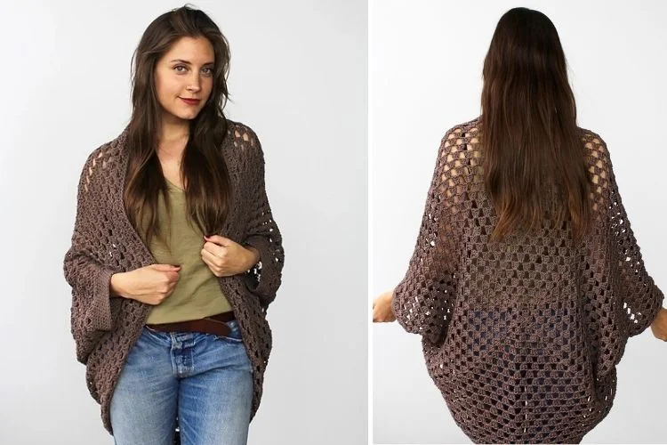 Two pictures of a woman wearing a crocheted cardigan.