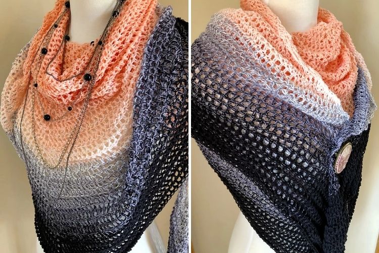 Two pictures of a crocheted shawl with a necklace.