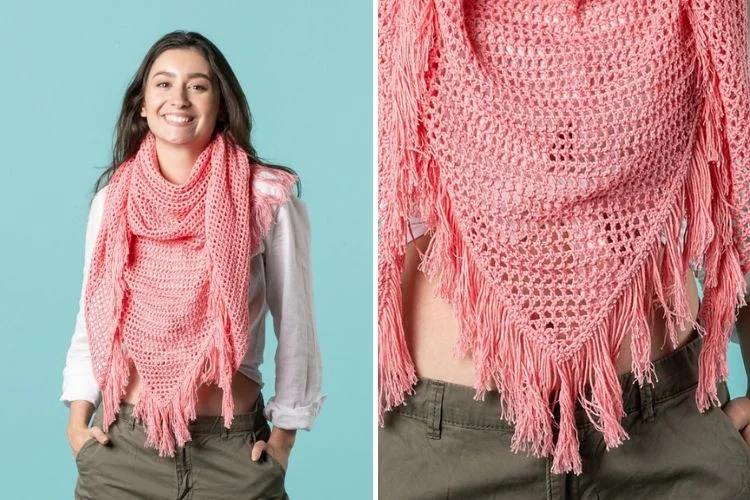 Two pictures of a woman wearing a pink crocheted scarf.