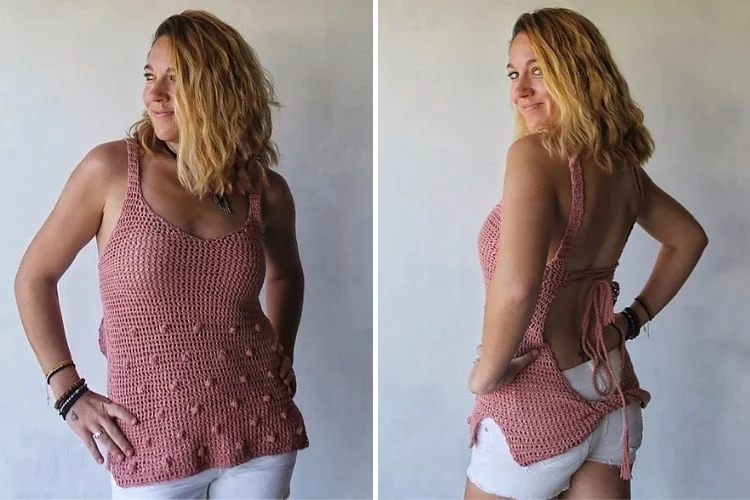 Two pictures of a woman wearing a pink crocheted top.