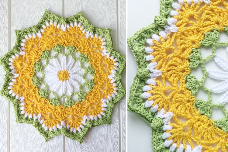 A yellow and white crocheted doily hanging on a wall.