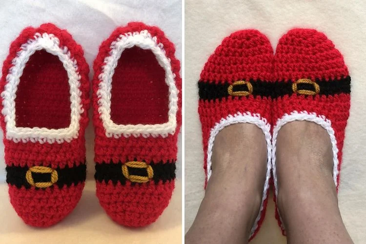 crochet christmas slipper socks in red and white