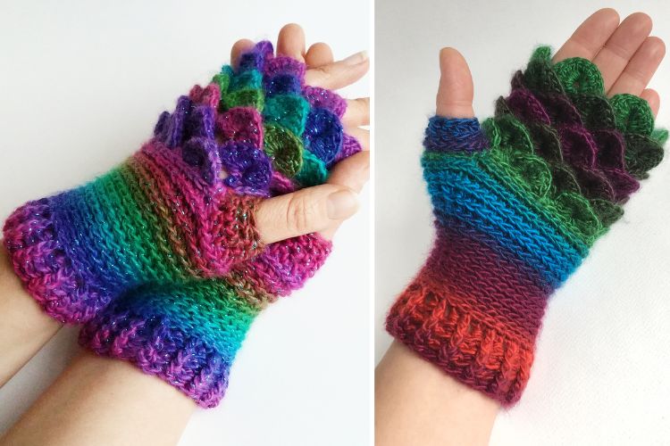 A pair of colorful knitted fingerless gloves.