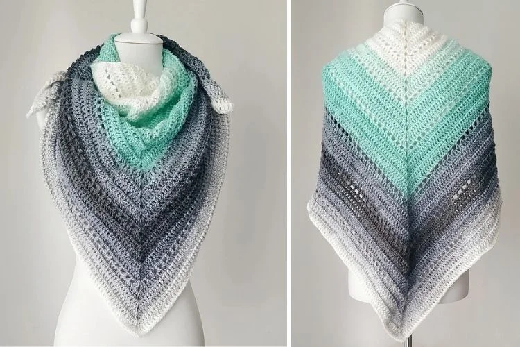 Two pictures of a crocheted shawl.