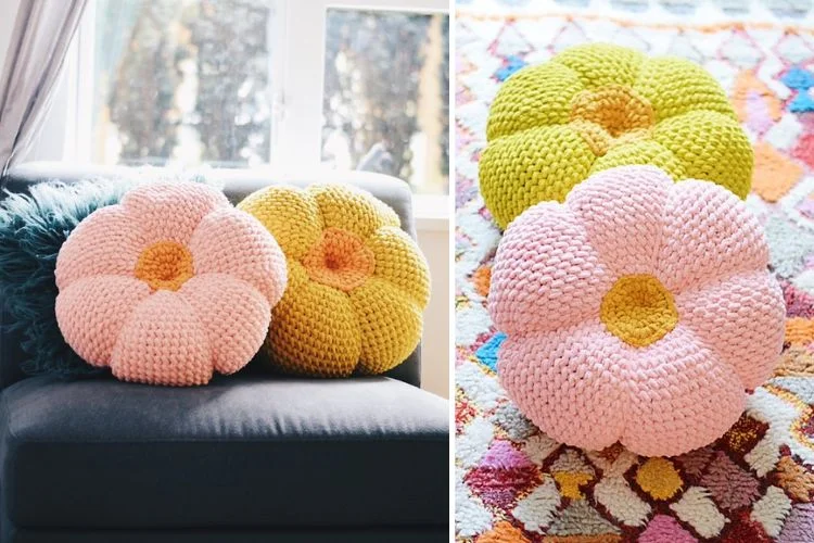 Two pictures of knitted flowers on a couch.