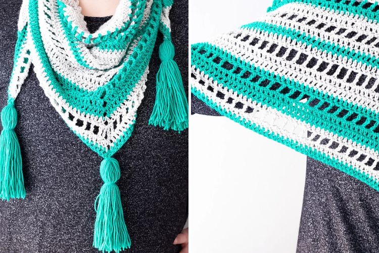 A Stardew Triangle Scarf featuring tassels.