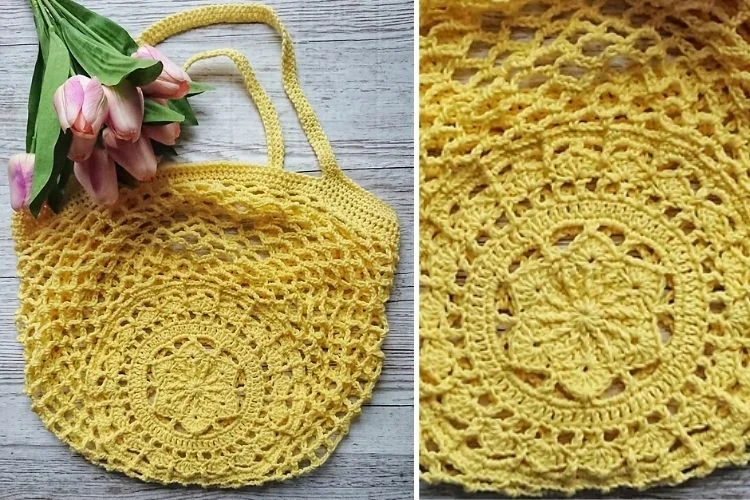 A yellow crocheted tote bag with tulips.