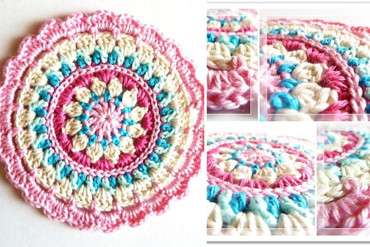 Four pictures of a crocheted doily in pink, blue and white.