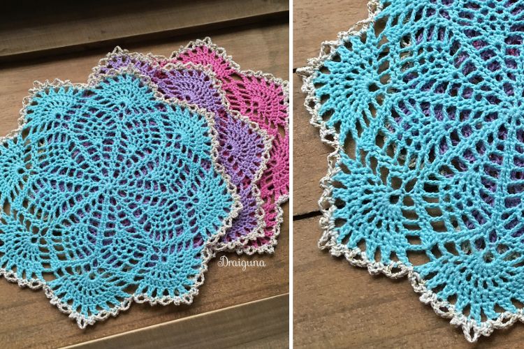 Two pictures of crocheted doilies on a wooden table.