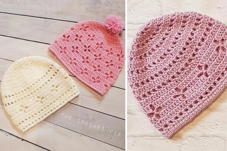 Two pictures of crocheted hats with pom poms.