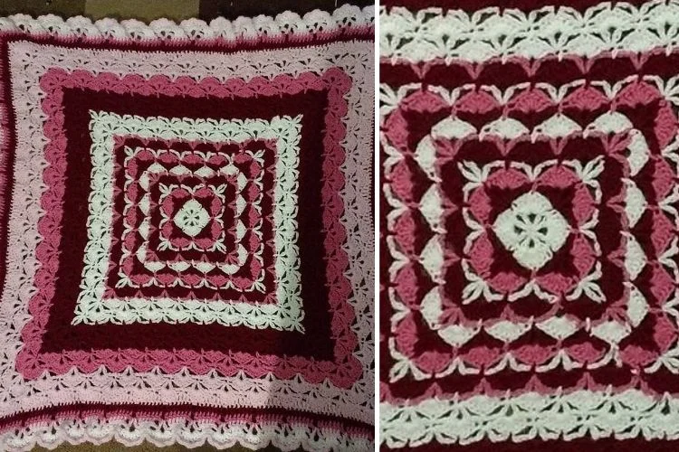 Two pictures of a pink and white crocheted afghan.