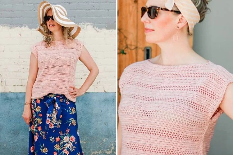 Two pictures of a woman wearing a pink sweater and floral skirt.