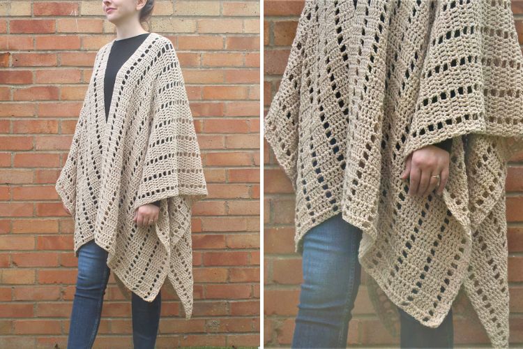 Two pictures of a woman wearing a crocheted poncho.