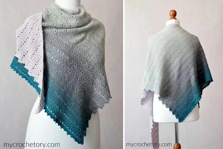 Two pictures of a shawl that is knitted in grey and blue.