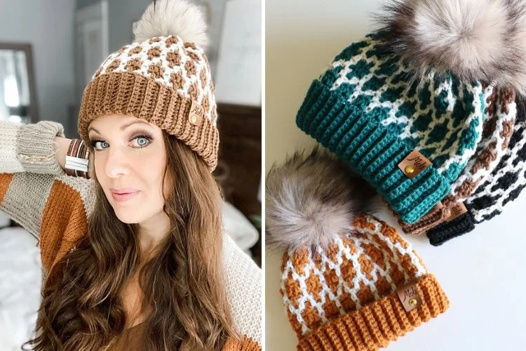 Two pictures of a woman wearing a knitted hat with a fur pom.