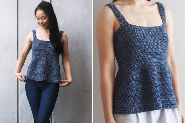 Two pictures of a woman wearing a blue crocheted top.