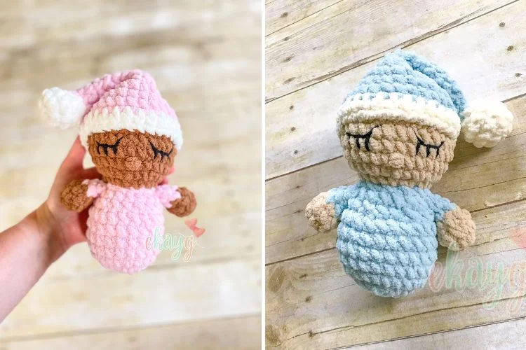 Two pictures of Bernat crocheted baby dolls.