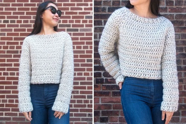 Two pictures of a woman wearing jeans and a crocheted sweater.