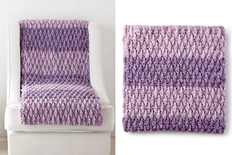 Two pictures of a purple knitted blanket on a chair.