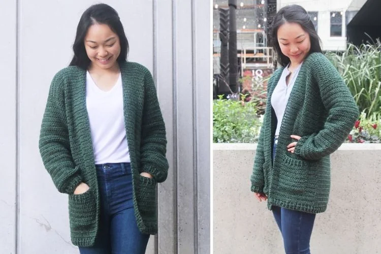 Two pictures of a woman wearing a green crocheted cardigan.