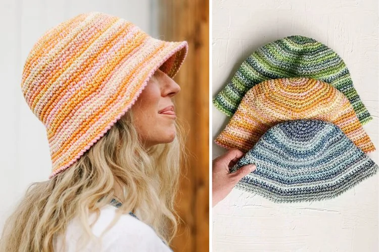 Two pictures of a woman wearing a crocheted hat.