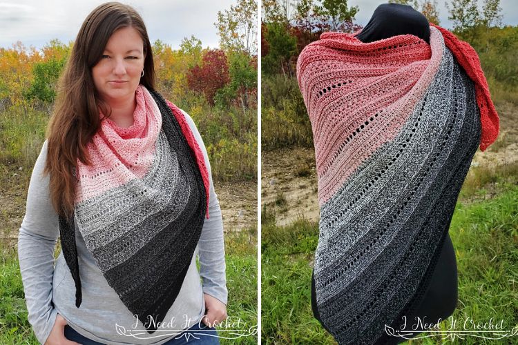 Two pictures of a woman wearing a crocheted shawl.