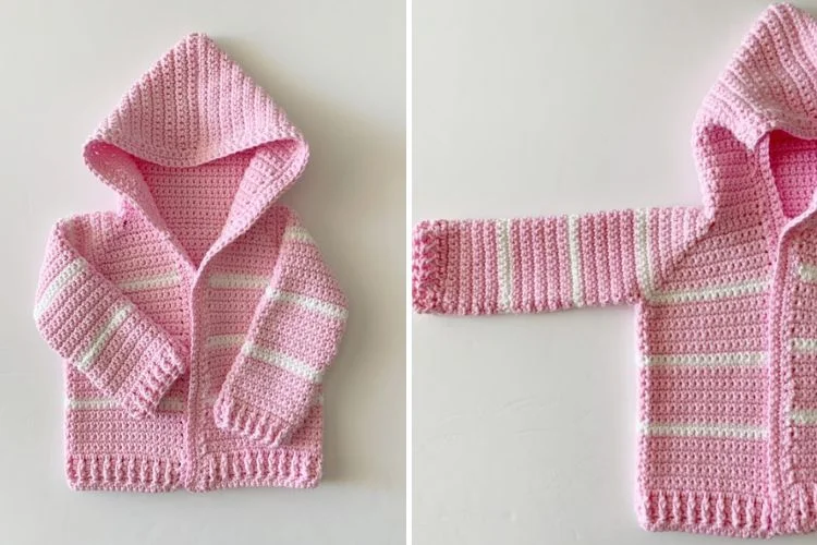 Two pictures of a pink hooded jacket with a hood.