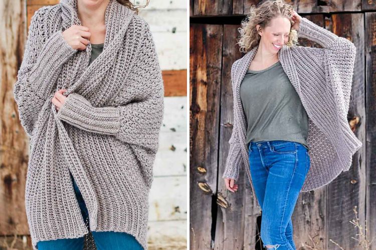 Two pictures of a woman wearing a grey cardigan.