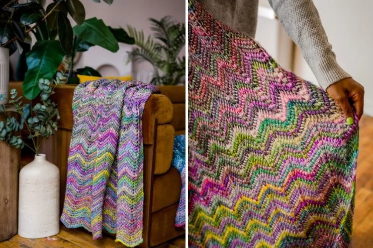 Two pictures of a woman holding a colorful afghan.