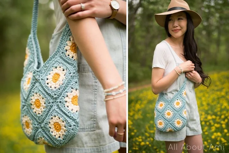 A woman is holding a crocheted bag adorned with daisies, perfect for Summer Days.