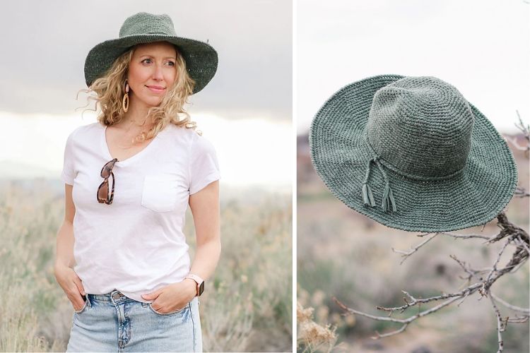 Two pictures of a woman wearing a green hat.