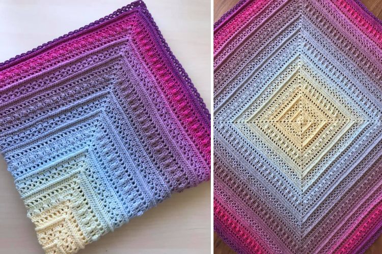 Two pictures of a crocheted afghan.