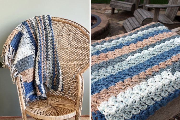 Two pictures of a crocheted blanket on a chair.