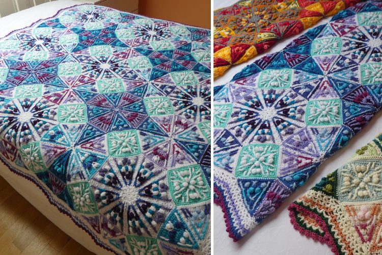 Two pictures of a crocheted afghan on a bed.