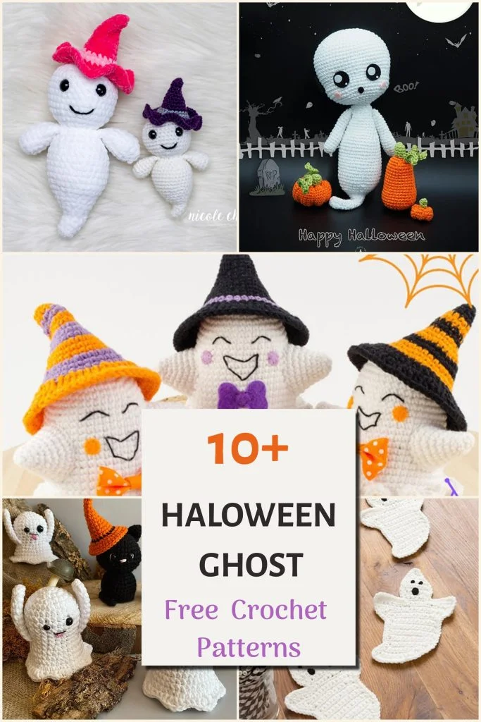 Collage of crocheted ghost amigurumi dolls with hats, pumpkins, and Halloween decorations. Text in center reads โ10+ Halloween Ghost Free Crochet Patterns.โ.