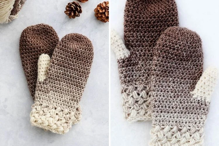 Two pictures of crocheted mittens with pine cones.