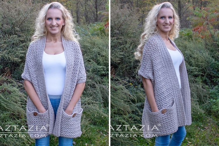 a woman wearing a crochet shawl with pockets in grey color