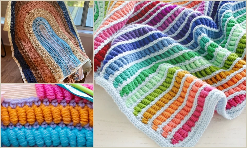 A colorful crocheted blanket with rainbow patterns and intricate bullion stitch details is displayed in three separate images, showcasing various angles and close-up views of the exquisite stitchwork.