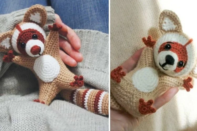 Two pictures of a crocheted raccoon.