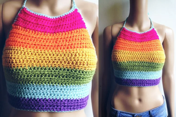 a colorful crochet halterneck crop top on a mannequin