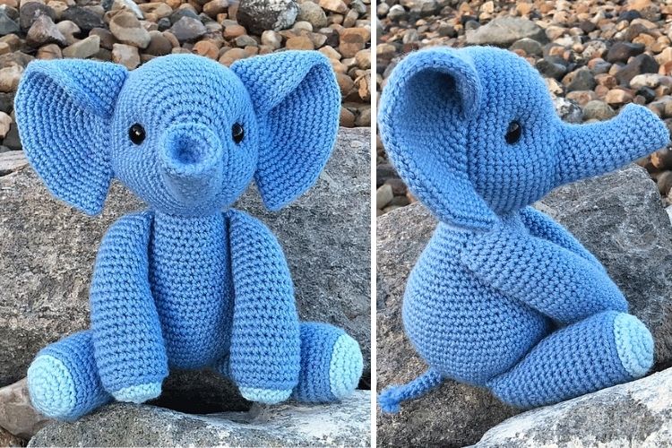 Two pictures of a crocheted blue elephant.