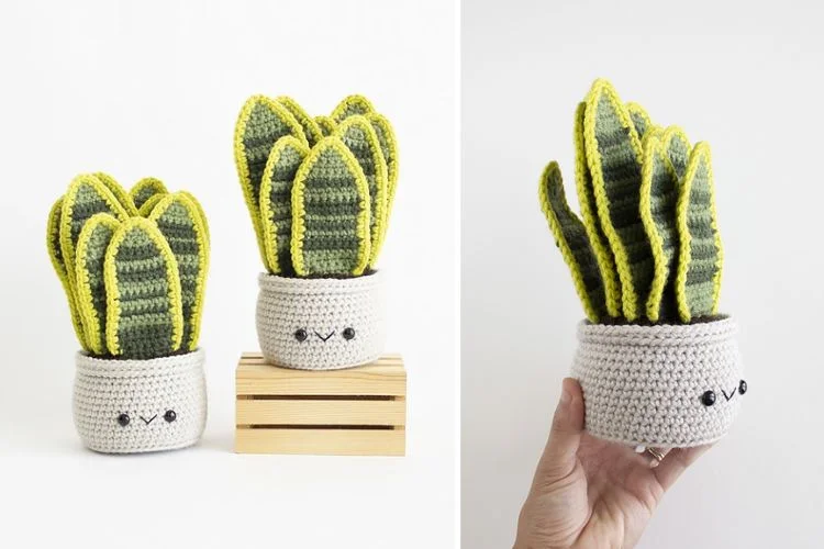 A crocheted cactus in a pot.