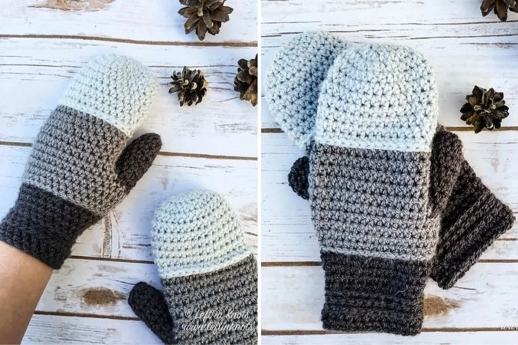 Two pictures of crocheted mittens.