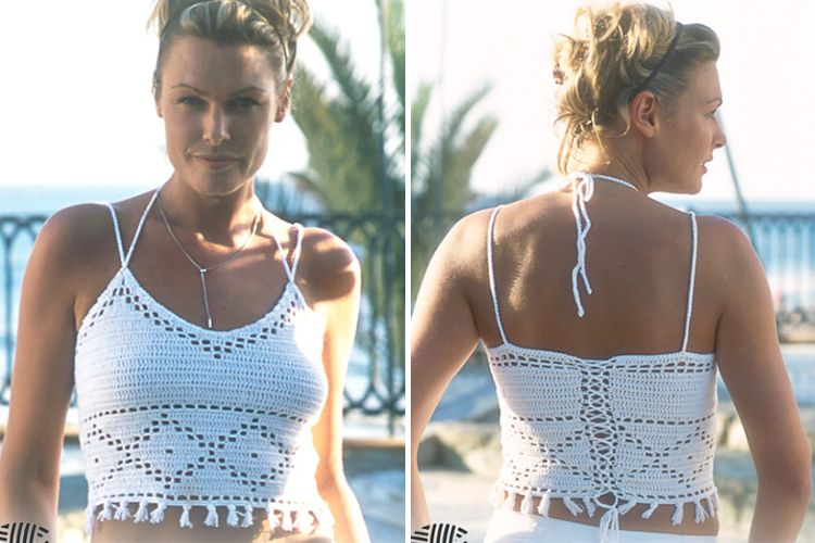 Two pictures of a woman wearing a white crocheted top.