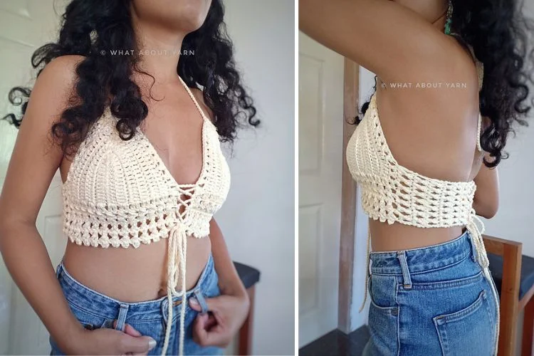 Two pictures of a woman wearing a crocheted top.