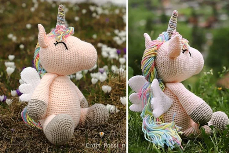 Two pictures of a crocheted unicorn stuffed animal.